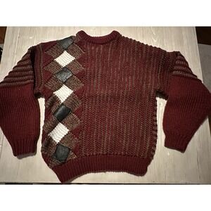 Vintage 80s sweater Leather Trim Sweater Adult Large Marled Red Chunky Knit Cosa